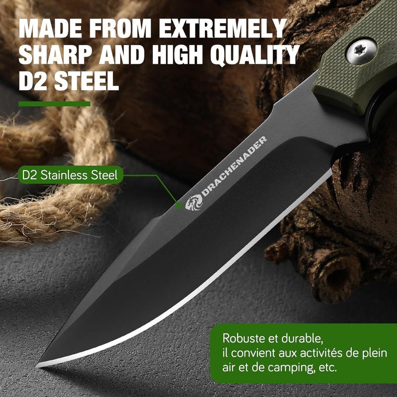 DRACHENADER 7" D2 Steel EDC Fixed Blade Knife, Versatile Carry with Kydex Sheath and G10 Handle (B- Black Balde + Green Handle) - Image 2